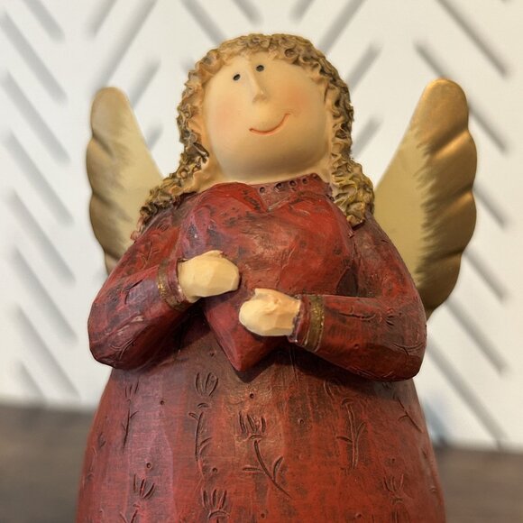 2 Curly Haired Angel Wing Figurines Red Robes Gold Heart Stars Christmas 6.5" - Picture 7 of 11